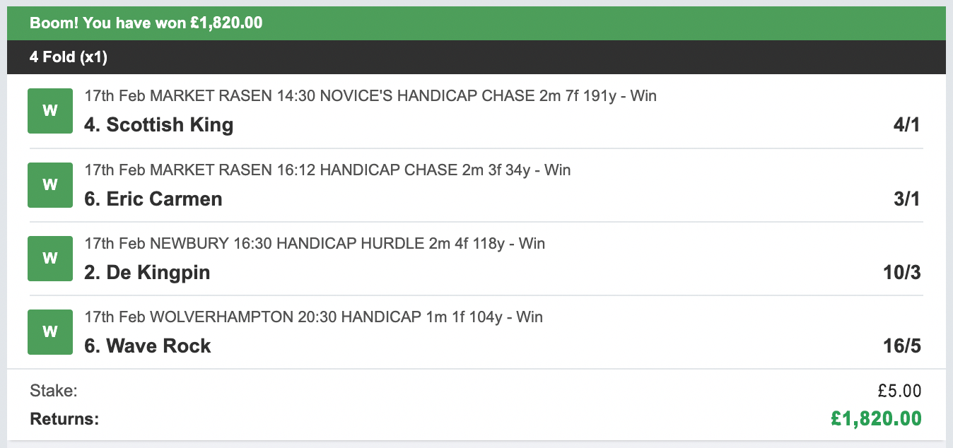 Winning betslip, 17th February 2026