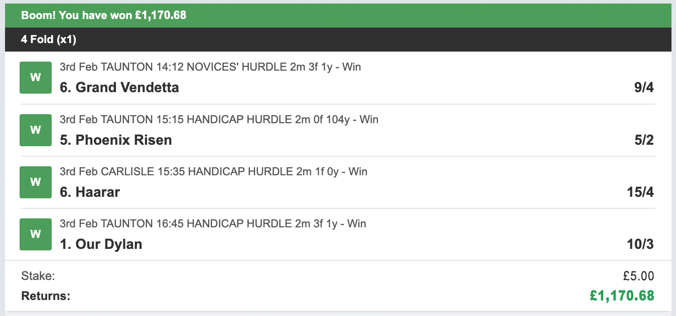 Winning betslip, 3rd February 2026